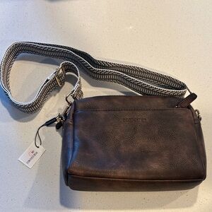 Brown Crossbody Bag with Patterned Strap